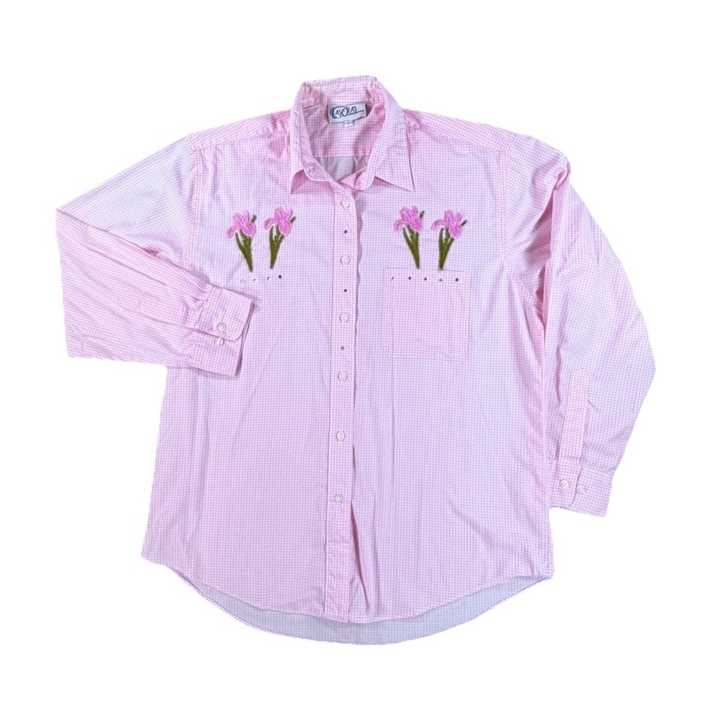 Las Olas L Floral Embroidered Appliqué Shirt Pink Check Western Cottage Core VTG